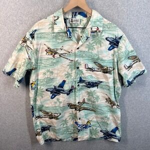 Aloha Republic Shirt Mens XL Green WWII Fighter Planes Hawaiian Camp Aloha EUC